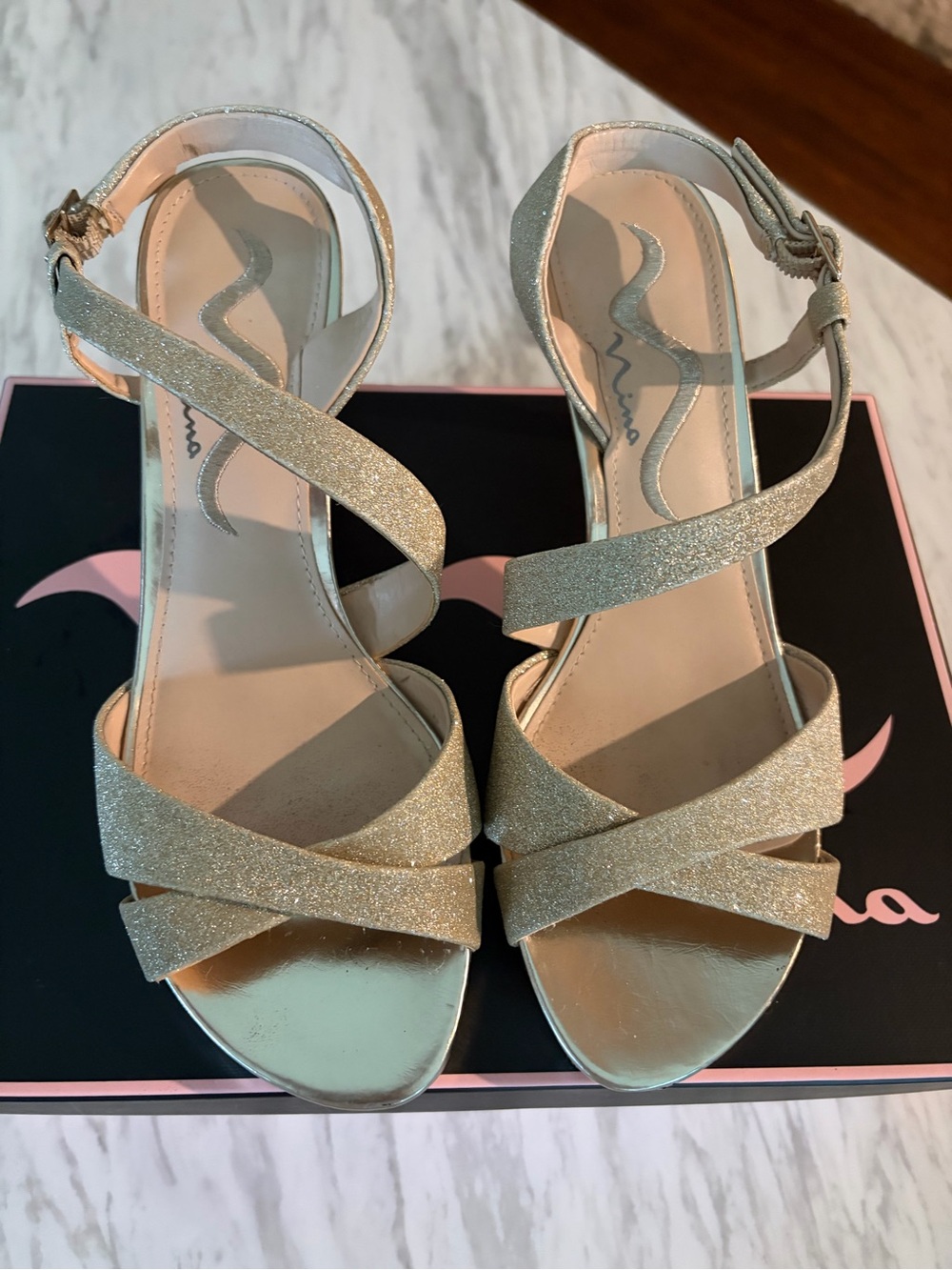 Nina Gold Glitter Crisscross Ankle-Strap Heels